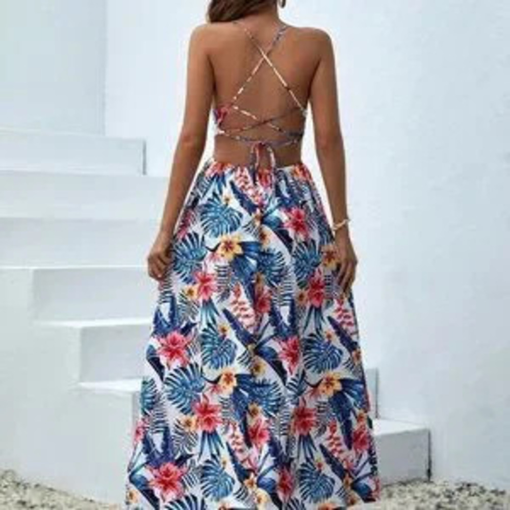 Multicolor Boho Womens Tropical Print Lace Up Backless Split Thigh Cami Dress